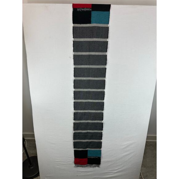Yves Saint Laurent YSL Wool Scarf Colorblock Striped Fringe 60 Inch - Picture 5 of 10